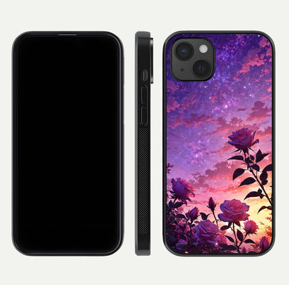 Starlit Rose Twilight Glass Case for iPhone 15 Plus front & back layout showing floral blend and glossy edge
