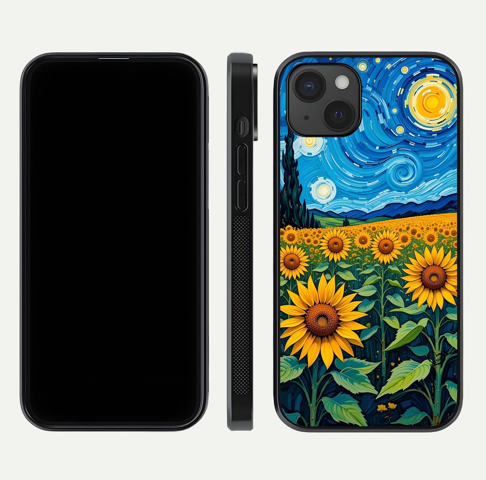 Starry Sunflower Dreams Glass Case for iPhone 15 Plus front & back layout showing floral blend and edge detail