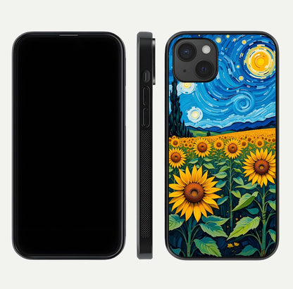 Starry Sunflower Dreams Glass Case for iPhone 15 Plus front & back layout showing floral blend and edge detail