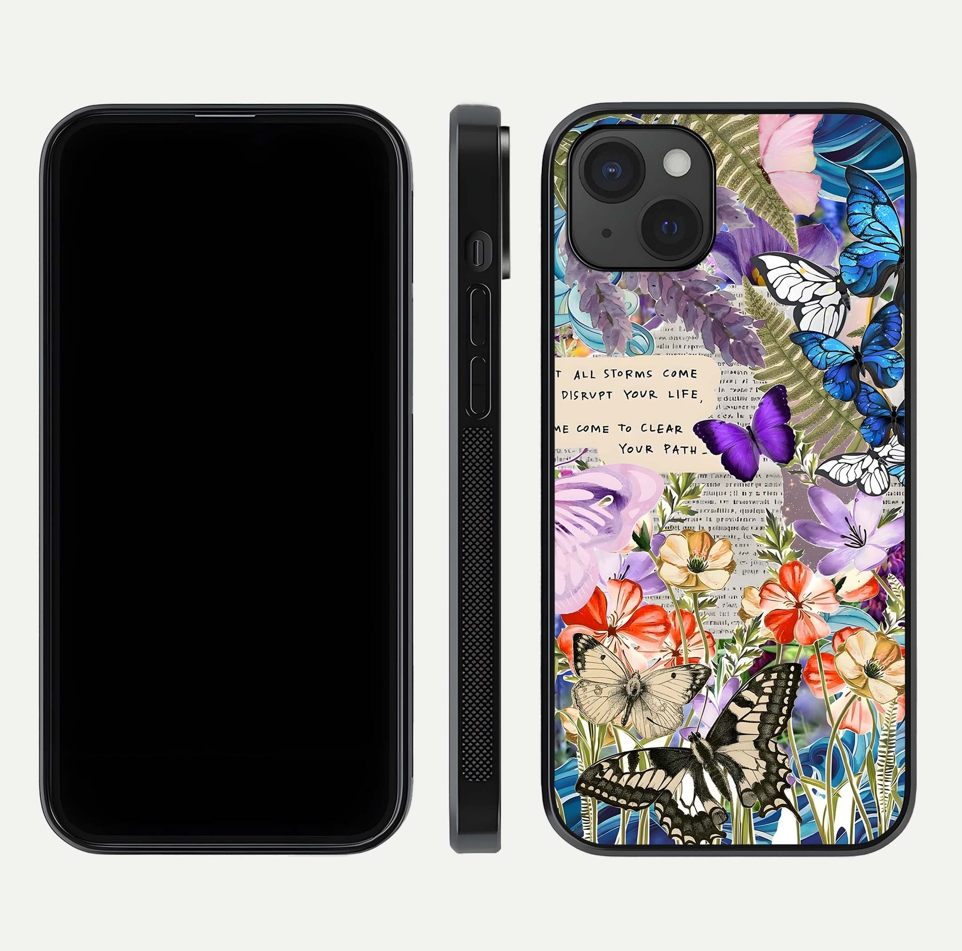 Storm Path Bloom Glass Case for iPhone 15 Plus front & back layout showing moody floral blend and edges