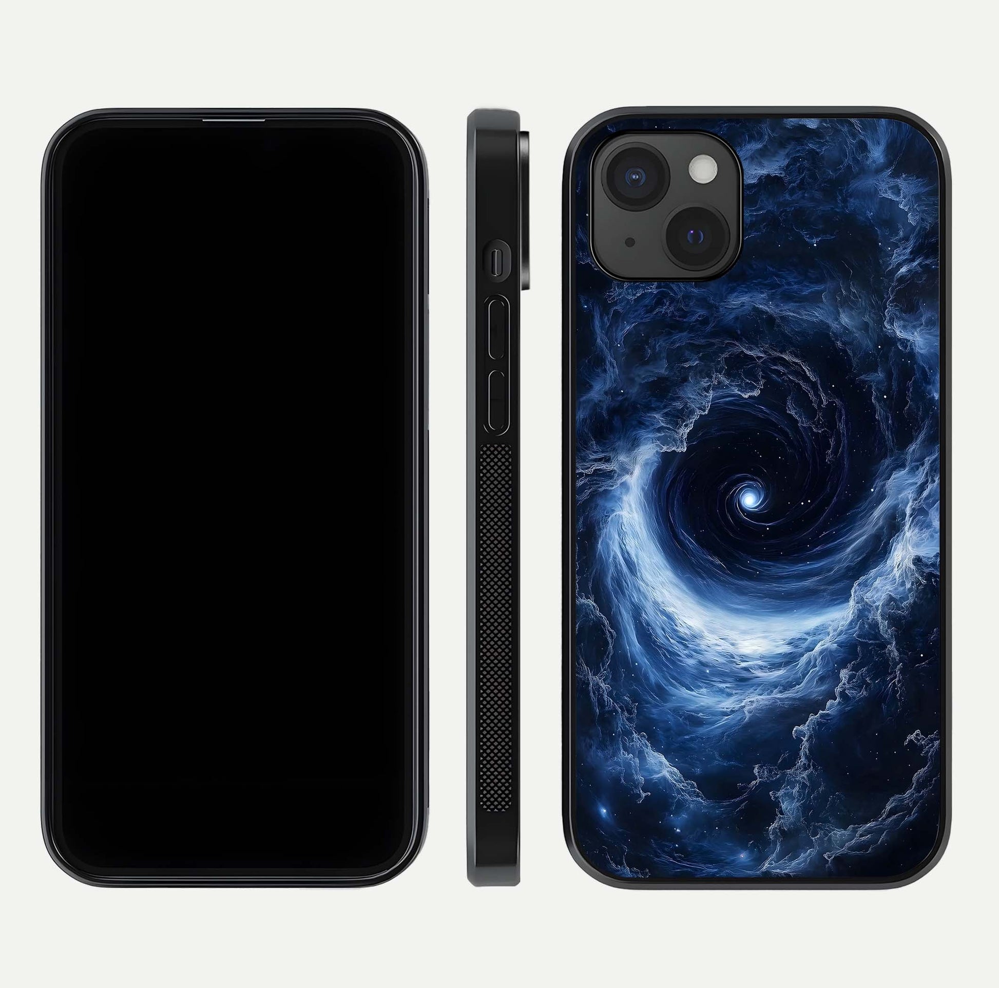 Stunning Galaxy Glass Case for iPhone 15 Plus front & back layout showing deep cosmic hues and clean edges