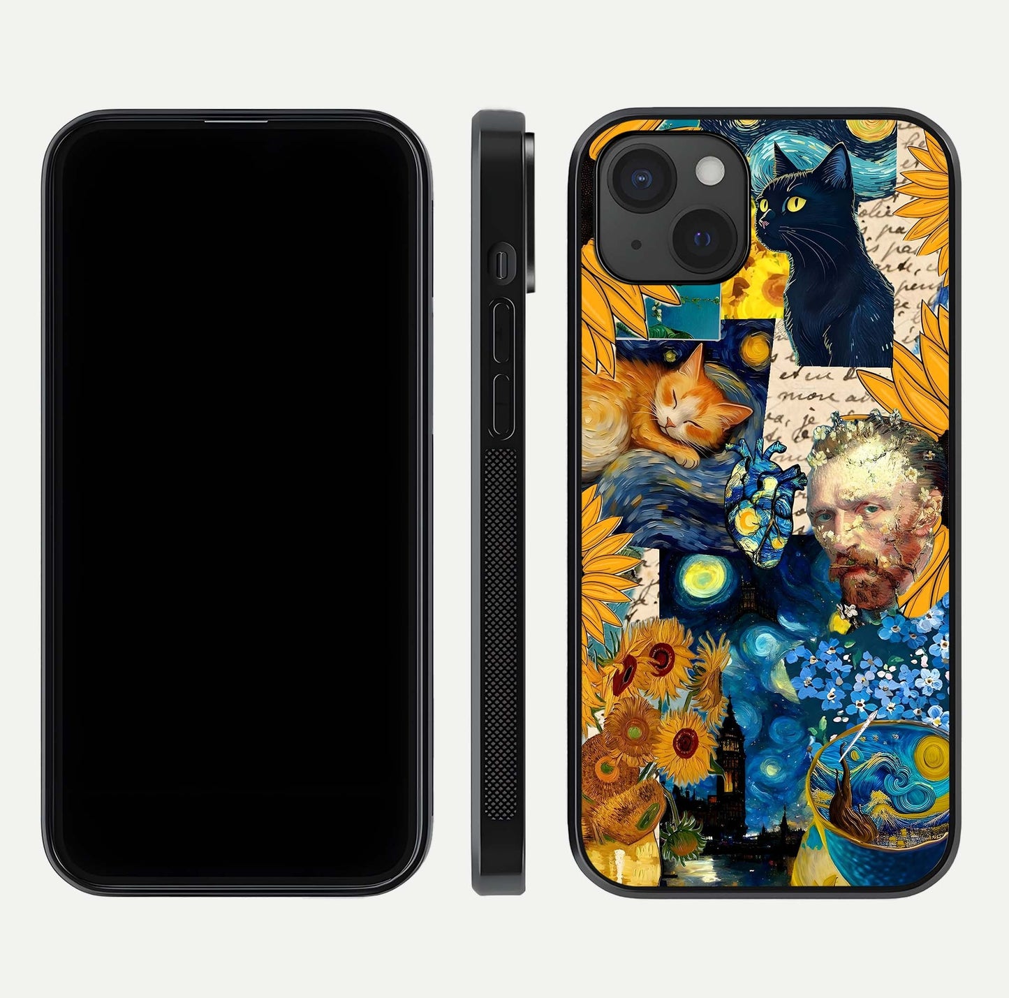 Sunflower Cat Art Glass Case for iPhone 15 Plus front & back layout showing detailed floral cat design and edges