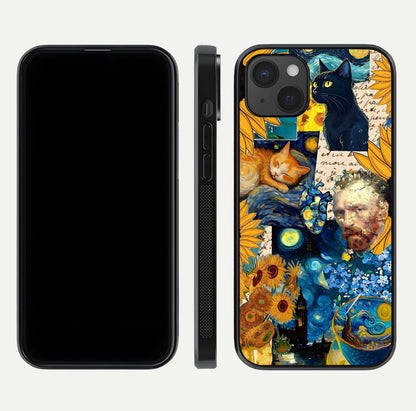 Sunflower Cat Art Glass Case for iPhone 15 Plus front & back layout showing detailed floral cat design and edges