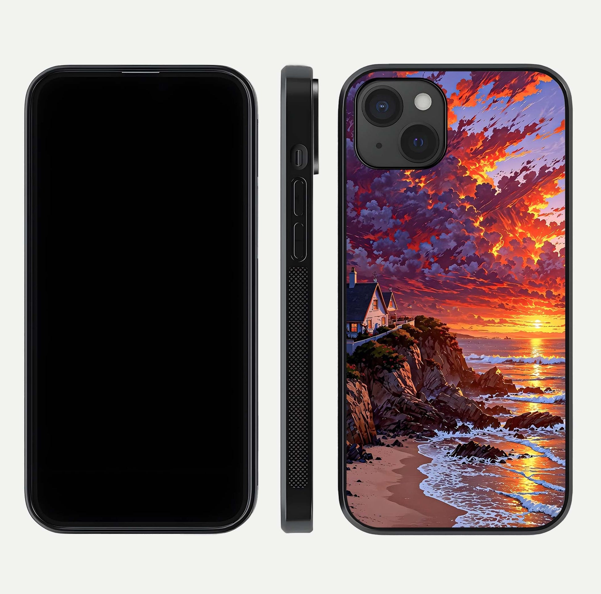 Sunset House by Sea Glass Case for iPhone 15 Plus front & back layout showing scenic gradient and curved edge