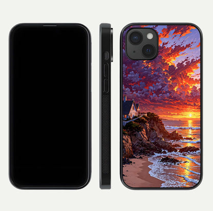 Sunset House by Sea Glass Case for iPhone 15 Plus front & back layout showing scenic gradient and curved edge