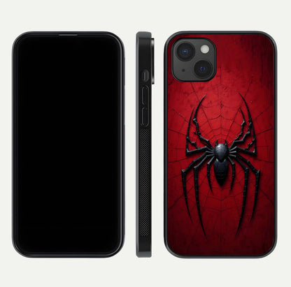 Venom Web Emblem Glass Case for iPhone 15 Plus front & back layout showing contrast art and curved glass edges