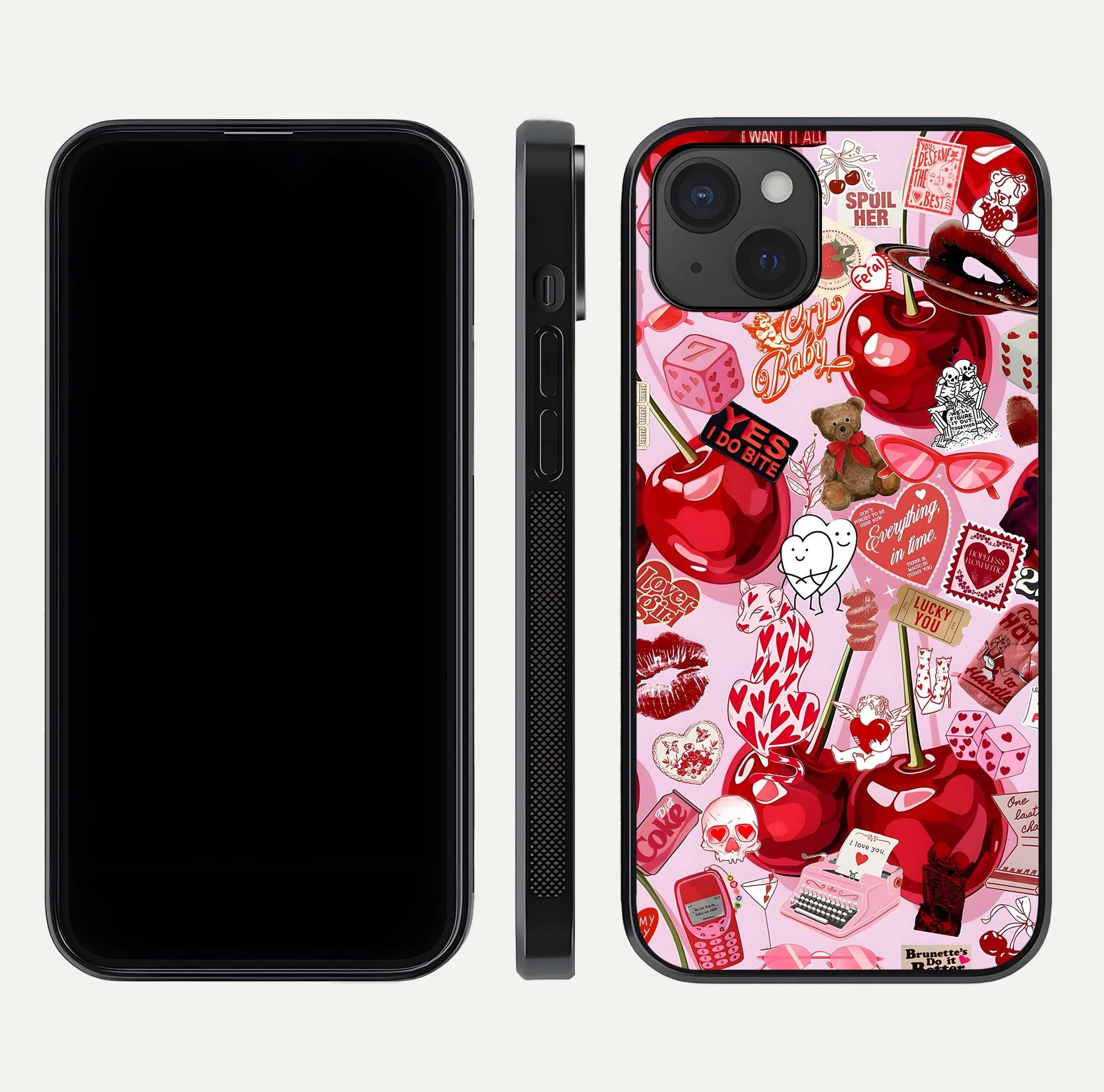 Sweet Cherry Chaos Glass Case for iPhone 15 Plus front & back layout showing vibrant cherries and smooth edges