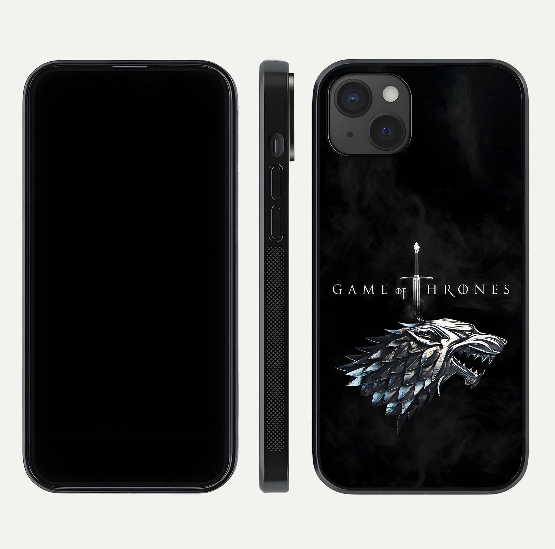 Throne Wolf Legacy Glass Case for iPhone 15 Plus front & back layout showing bold pattern and sharp edge