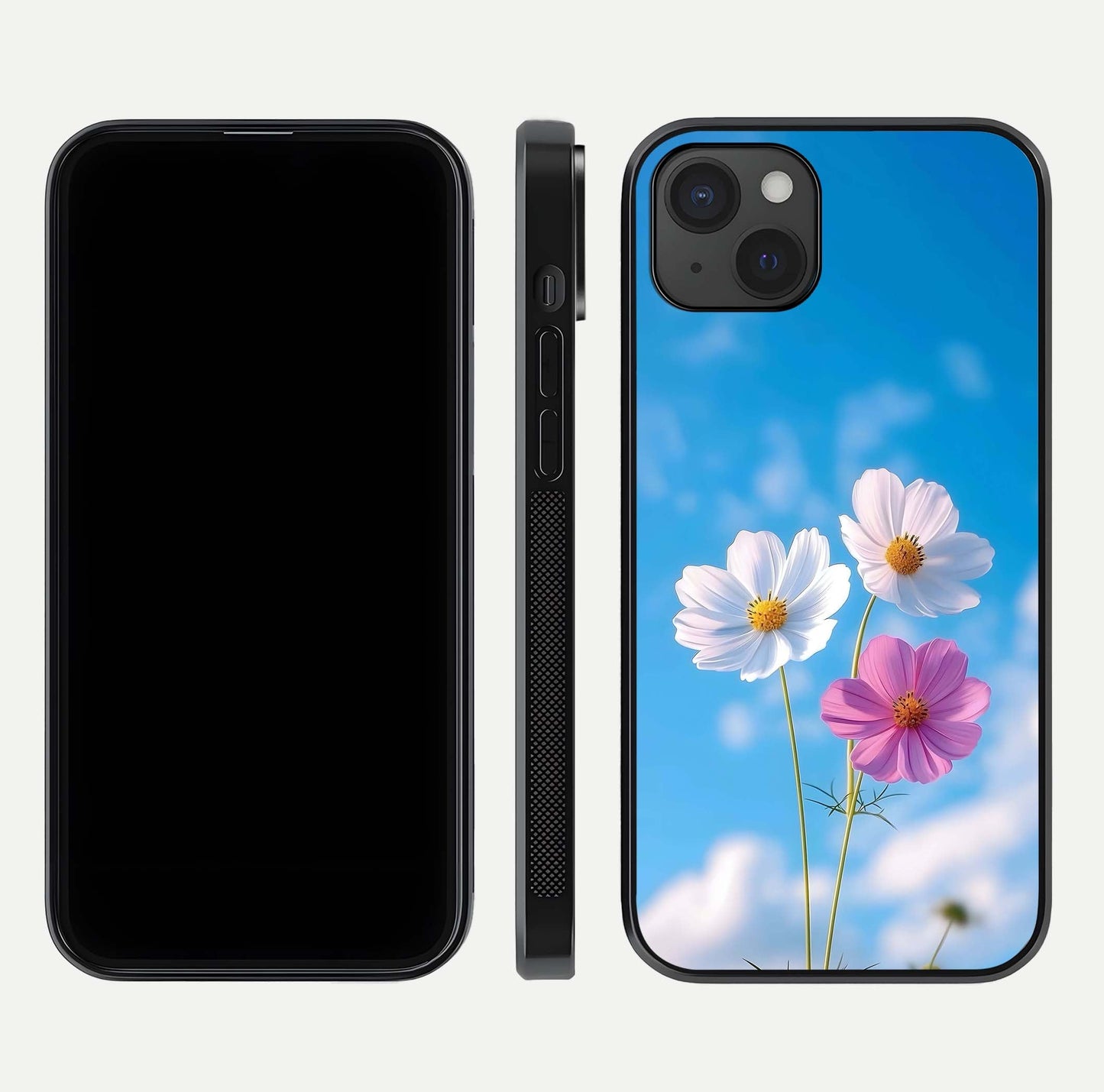 Triple Flowers With Sky Glass Case for iPhone 15 Plus front & back layout showing vivid tones and glossy surface