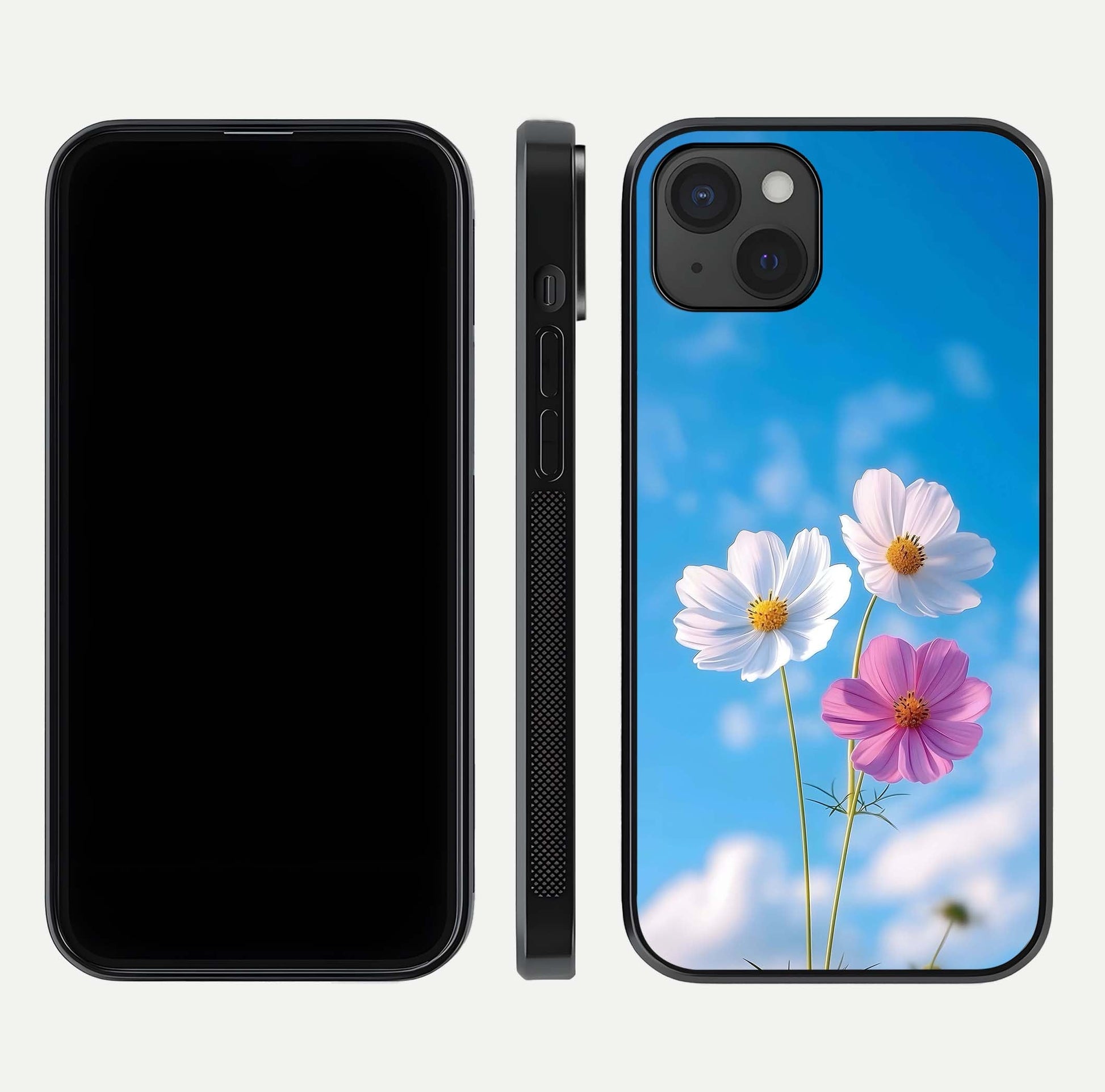 Triple Flowers With Sky Glass Case for iPhone 15 Plus front & back layout showing vivid tones and glossy surface
