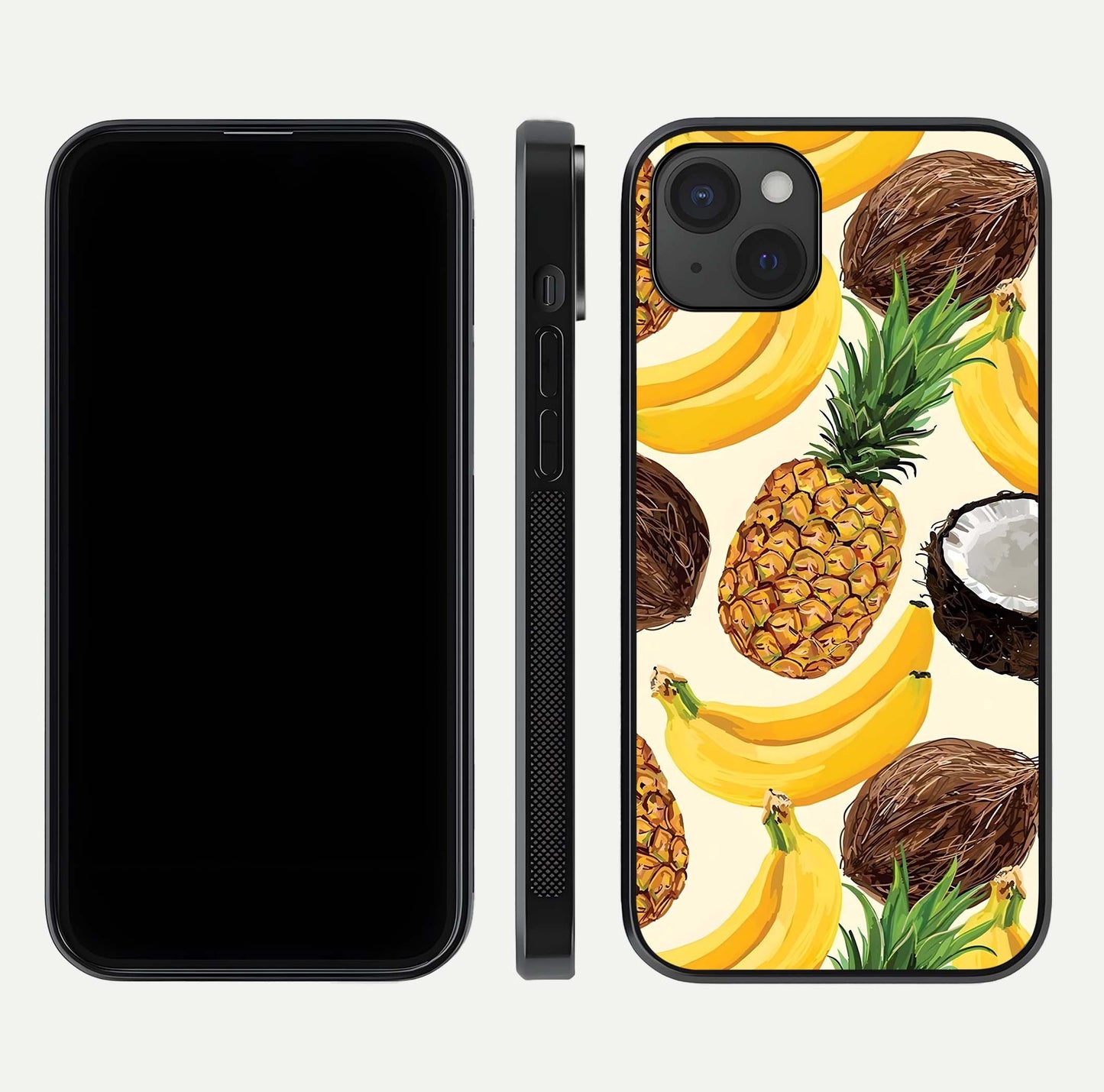 Tropical Fruit Mood Glass Case for iPhone 15 Plus front & back layout showing playful tones and clean edge