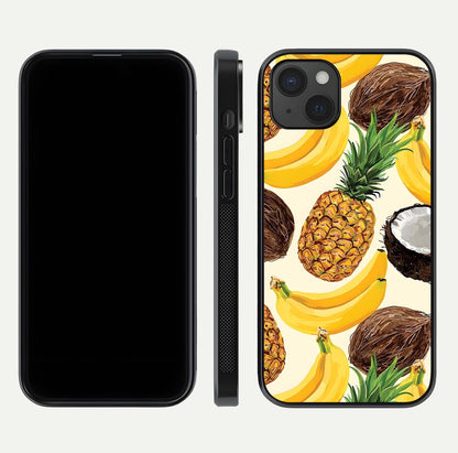 Tropical Fruit Mood Glass Case for iPhone 15 Plus front & back layout showing playful tones and clean edge