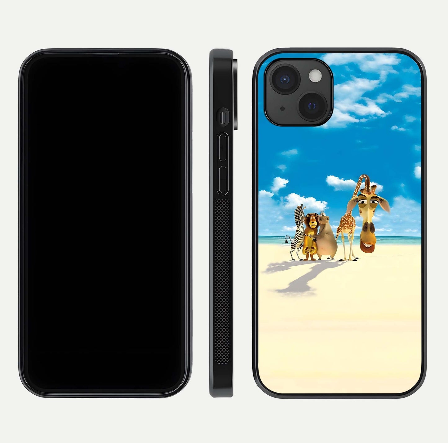 Tropical Fun Squad Glass Case for iPhone 15 Plus front & back layout showing fun pattern and smooth edges