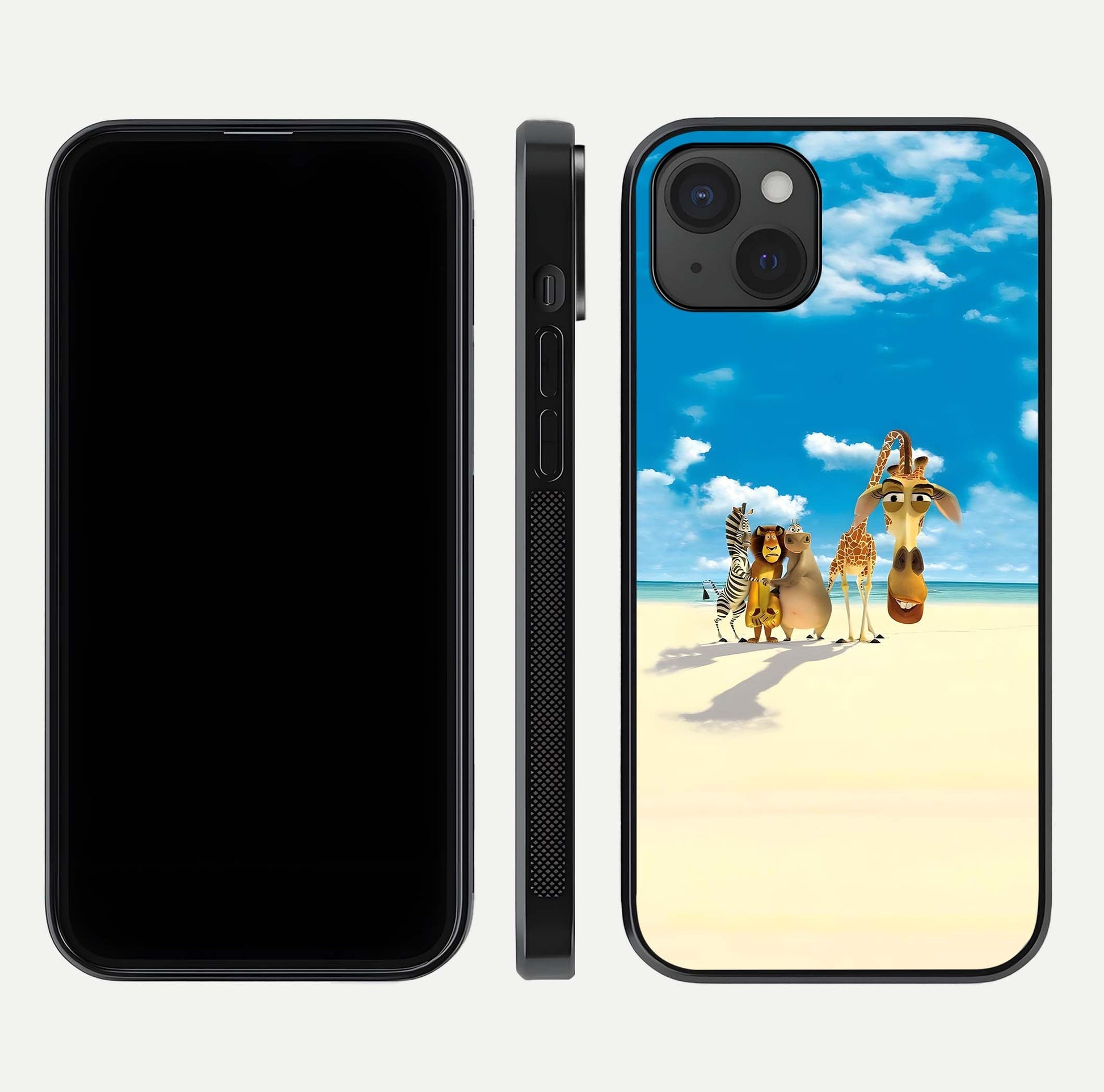 Tropical Fun Squad Glass Case for iPhone 15 Plus front & back layout showing fun pattern and smooth edges