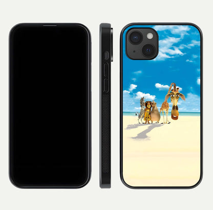 Tropical Fun Squad Glass Case for iPhone 15 Plus front & back layout showing fun pattern and smooth edges