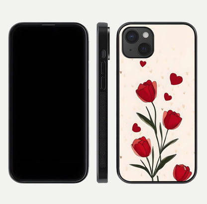 Tulip With Heart Glass Case for iPhone 15 Plus front & back layout showing heart motif and elegant gloss finish