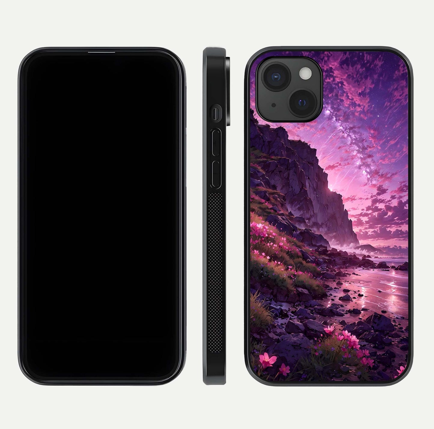 Twilight Blossom Coast Glass Case for iPhone 15 Plus front & back layout showing floral tones and curved edge
