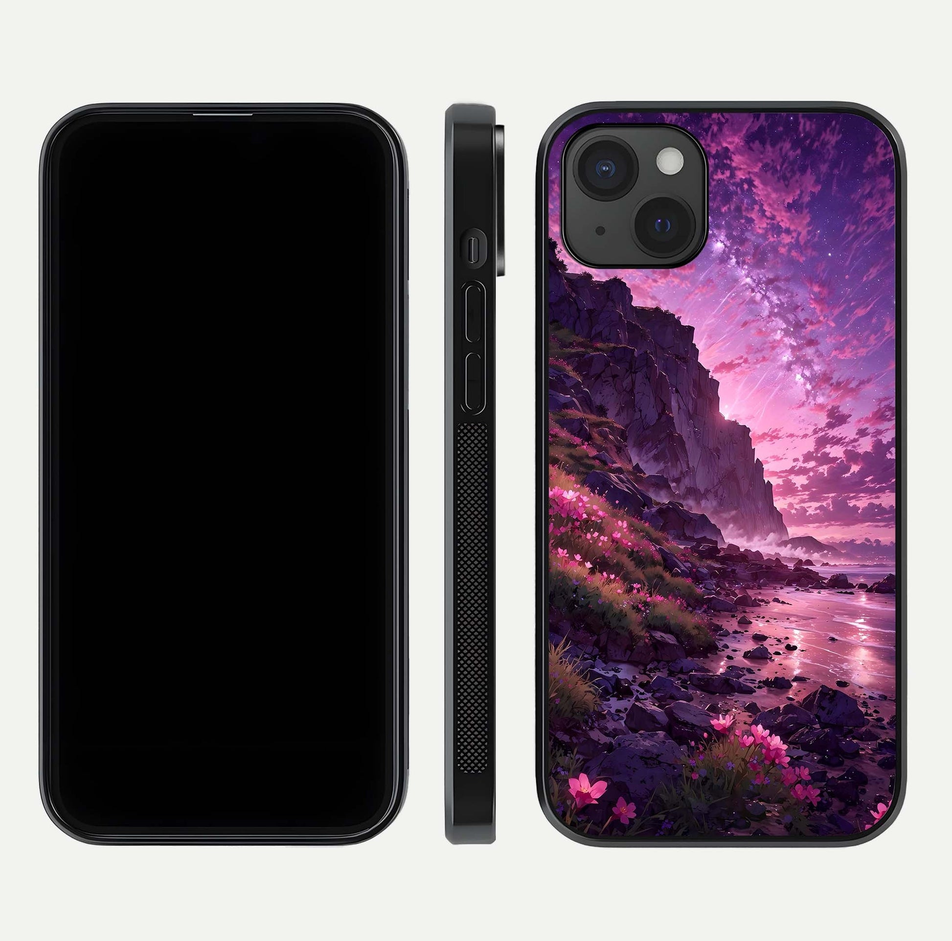 Twilight Blossom Coast Glass Case for iPhone 15 Plus front & back layout showing floral tones and curved edge