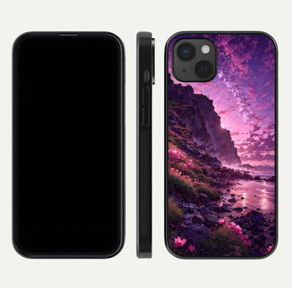 Twilight Blossom Coast Glass Case for iPhone 15 Plus front & back layout showing floral tones and curved edge