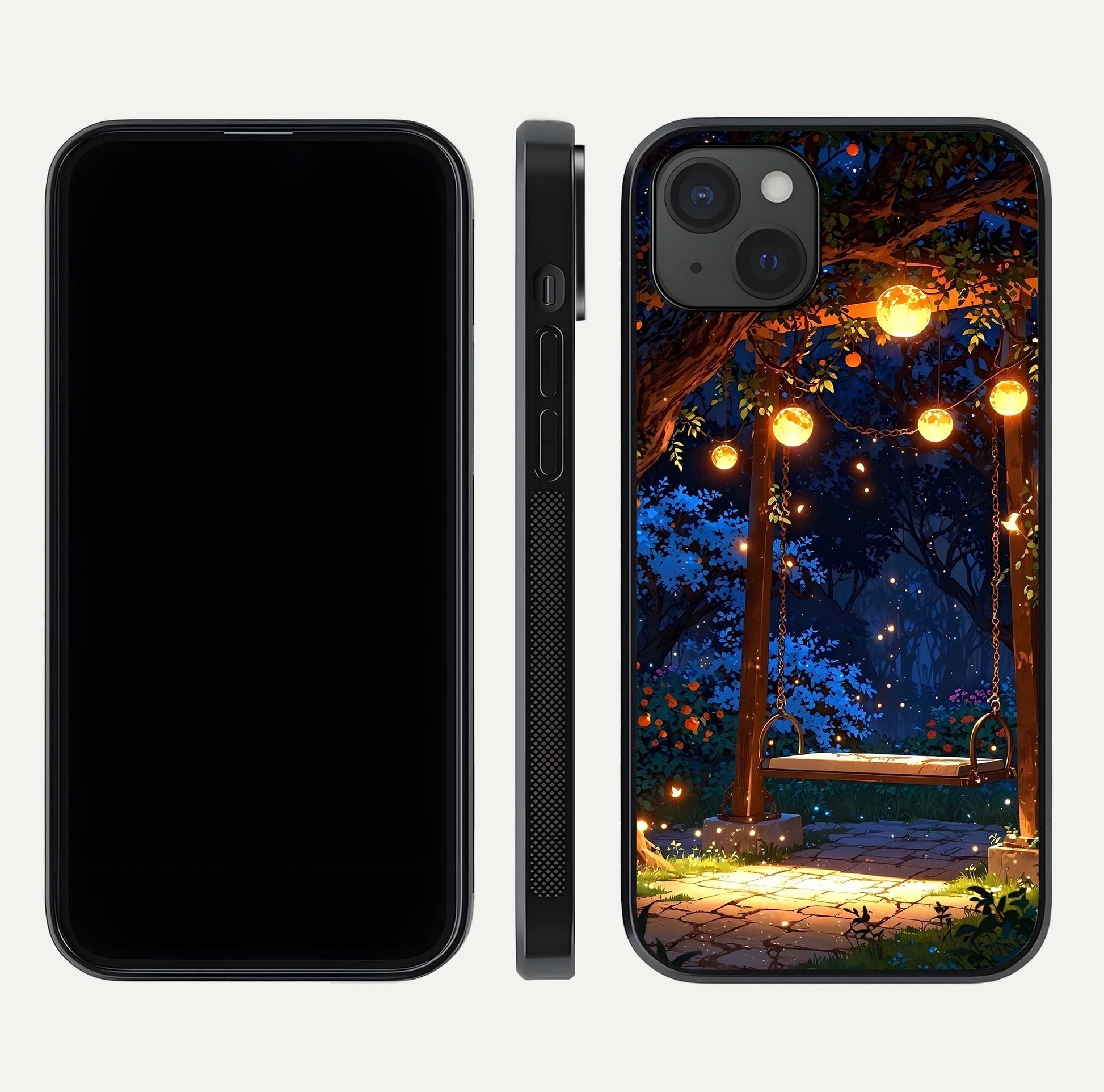 Twilight Garden Swing Glass Case for iPhone 15 Plus front & back layout showing garden art and clean edge
