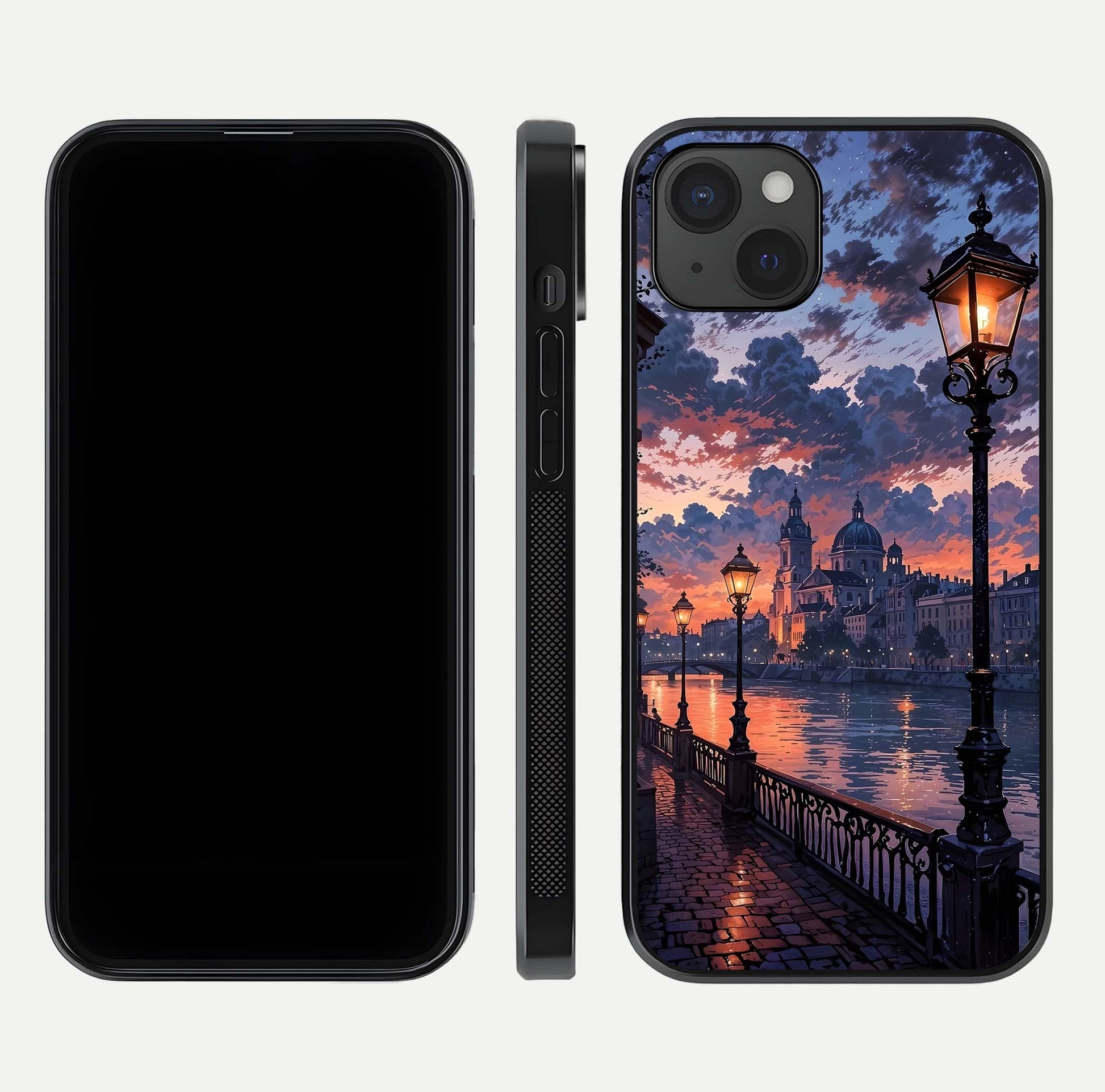 Twilight River Lights Glass Case for iPhone 15 Plus front & back layout showing scenic artwork and smooth curved edges