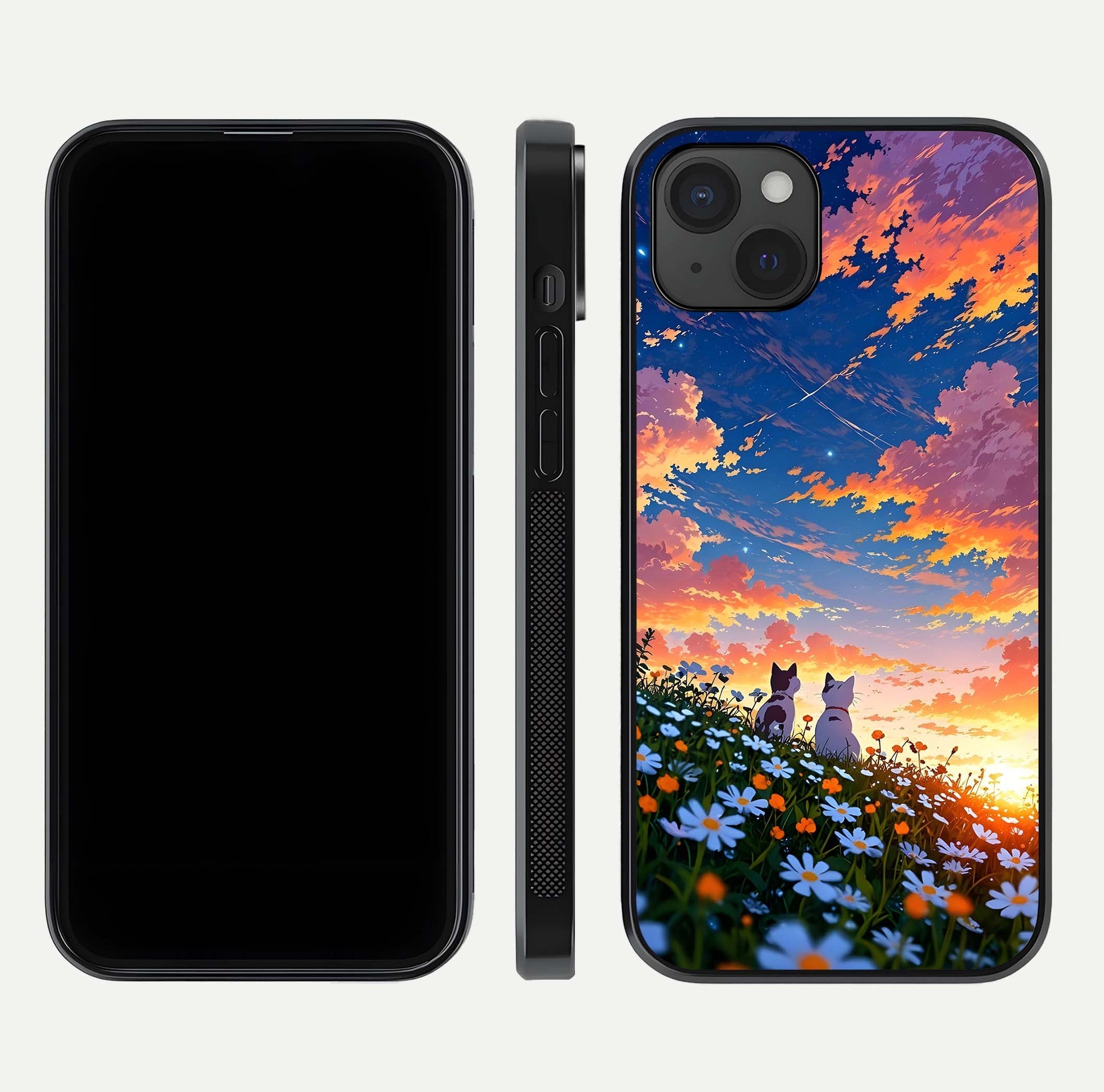 Two Cats Friends Glass Case for iPhone 15 Plus front & back layout showing friendly cat theme and edge design