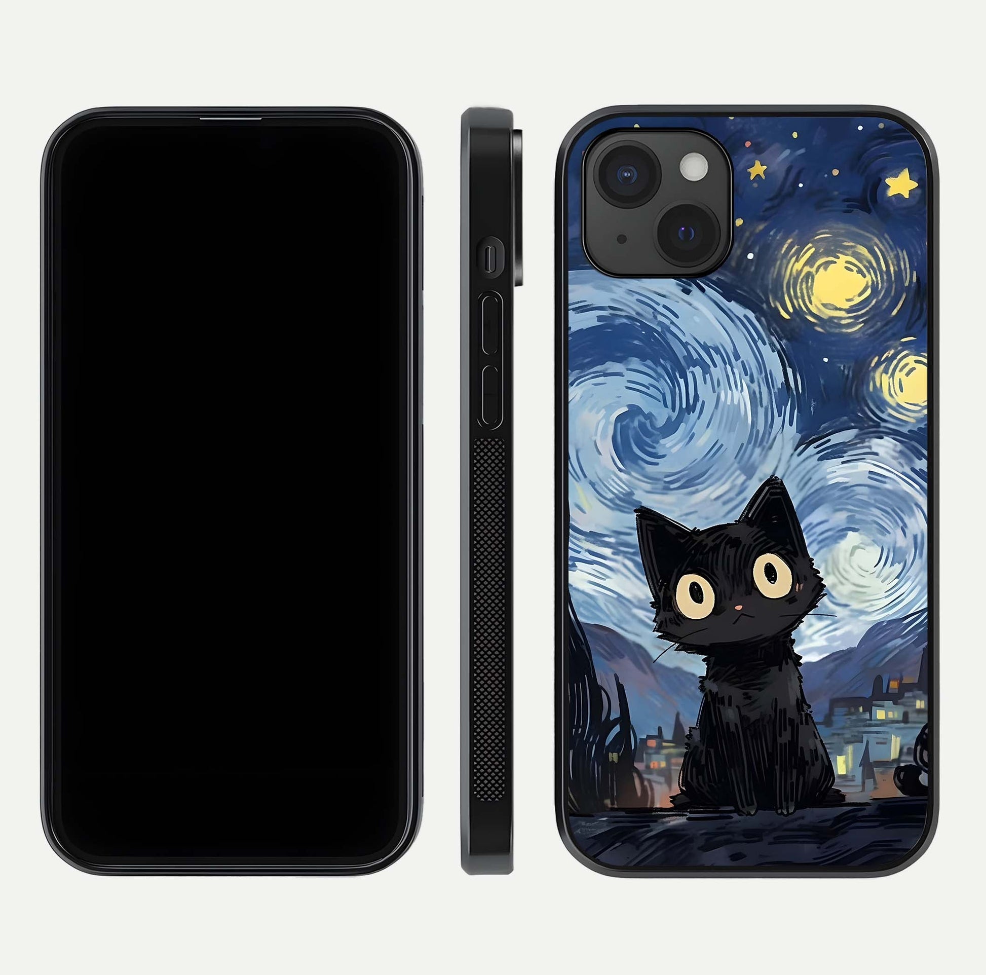 Van Gogh Cat Glass Case for iPhone 15 Plus front & back layout showing detailed art print and curved glass edges