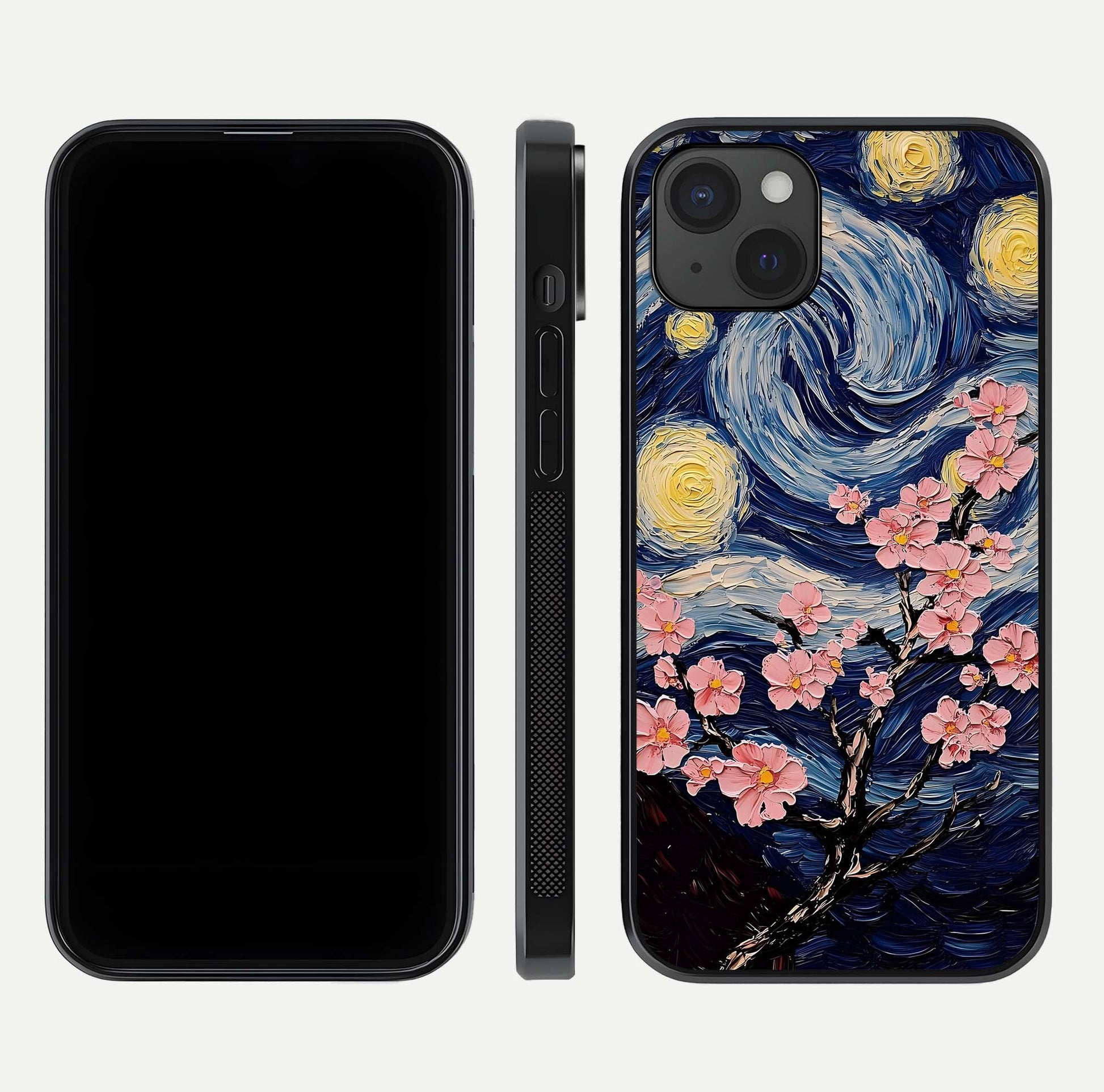 Van Gogh Scenery Glass Case for iPhone 15 Plus front & back layout showing vibrant tones and detailed design