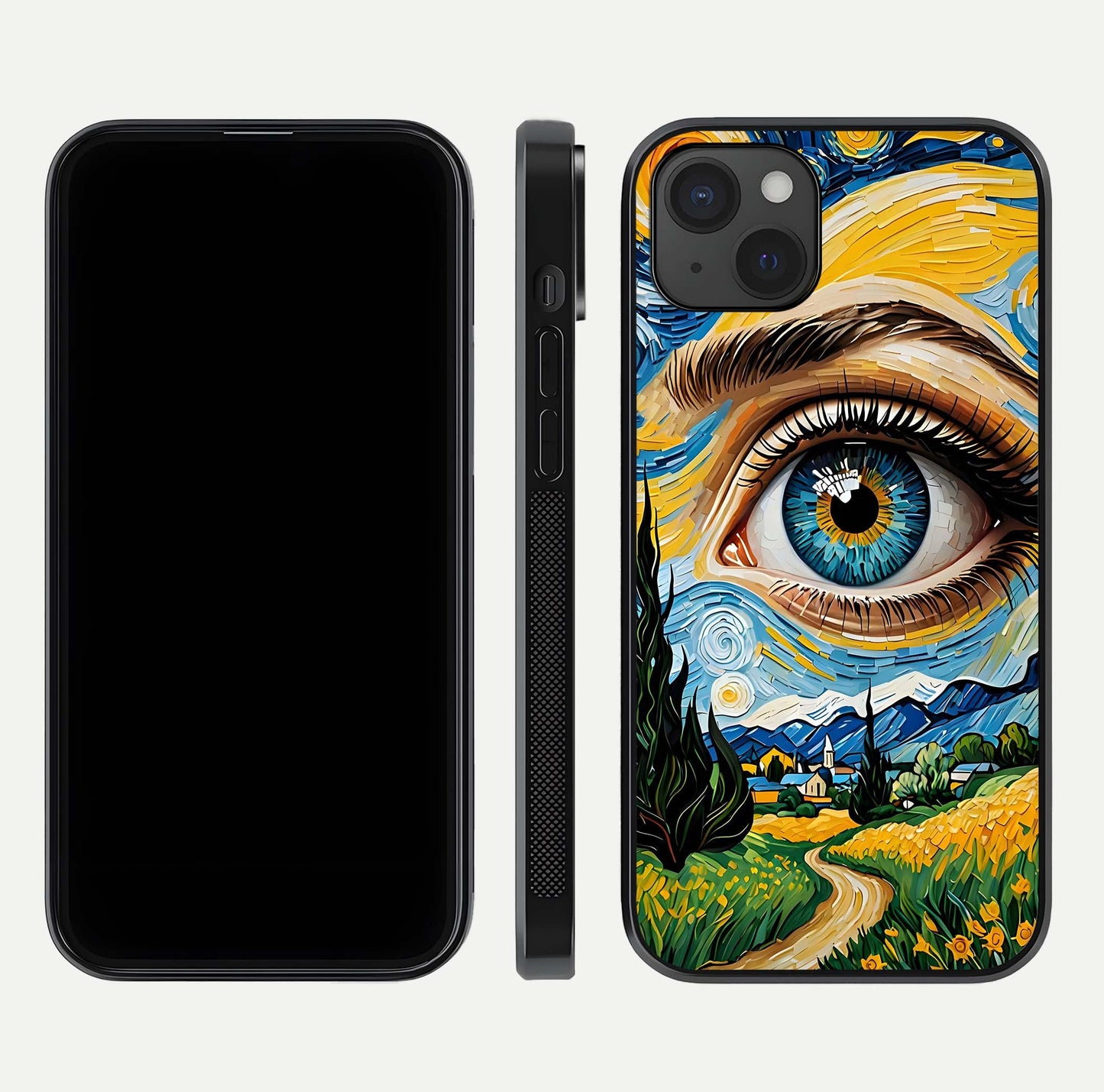 Van Gogh Eye Glass Case for iPhone 15 Plus front & back layout showing brushstroke detail and smooth finish