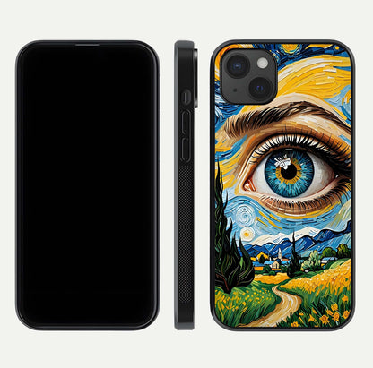 Van Gogh Eye Glass Case for iPhone 15 Plus front & back layout showing brushstroke detail and smooth finish