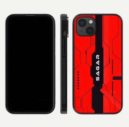 Voltage Rise CYBERPUNK Custom Name Glass Case for iPhone 15 Plus front & back layout showing futuristic tones and sleek edge