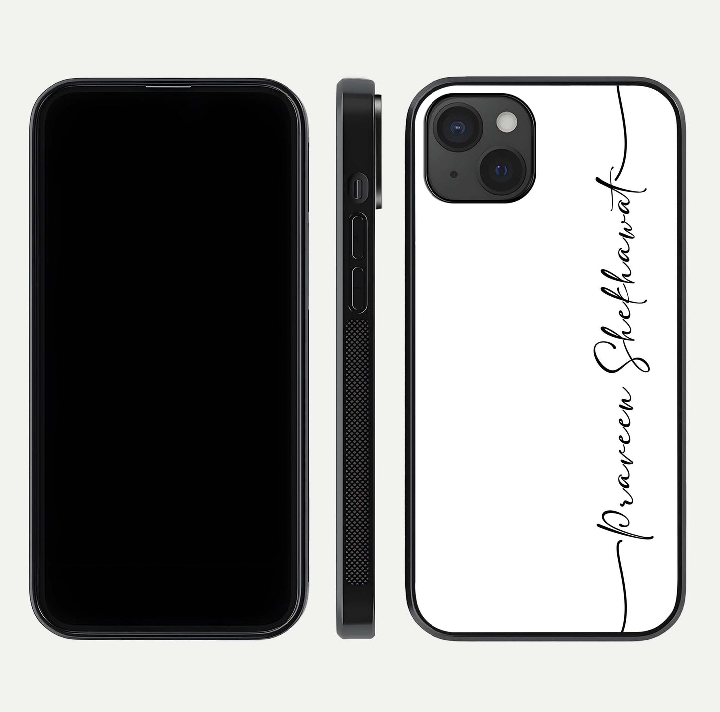 White Tune Custom Name Glass Case for iPhone 15 Plus front & back layout showing clean design and text placement