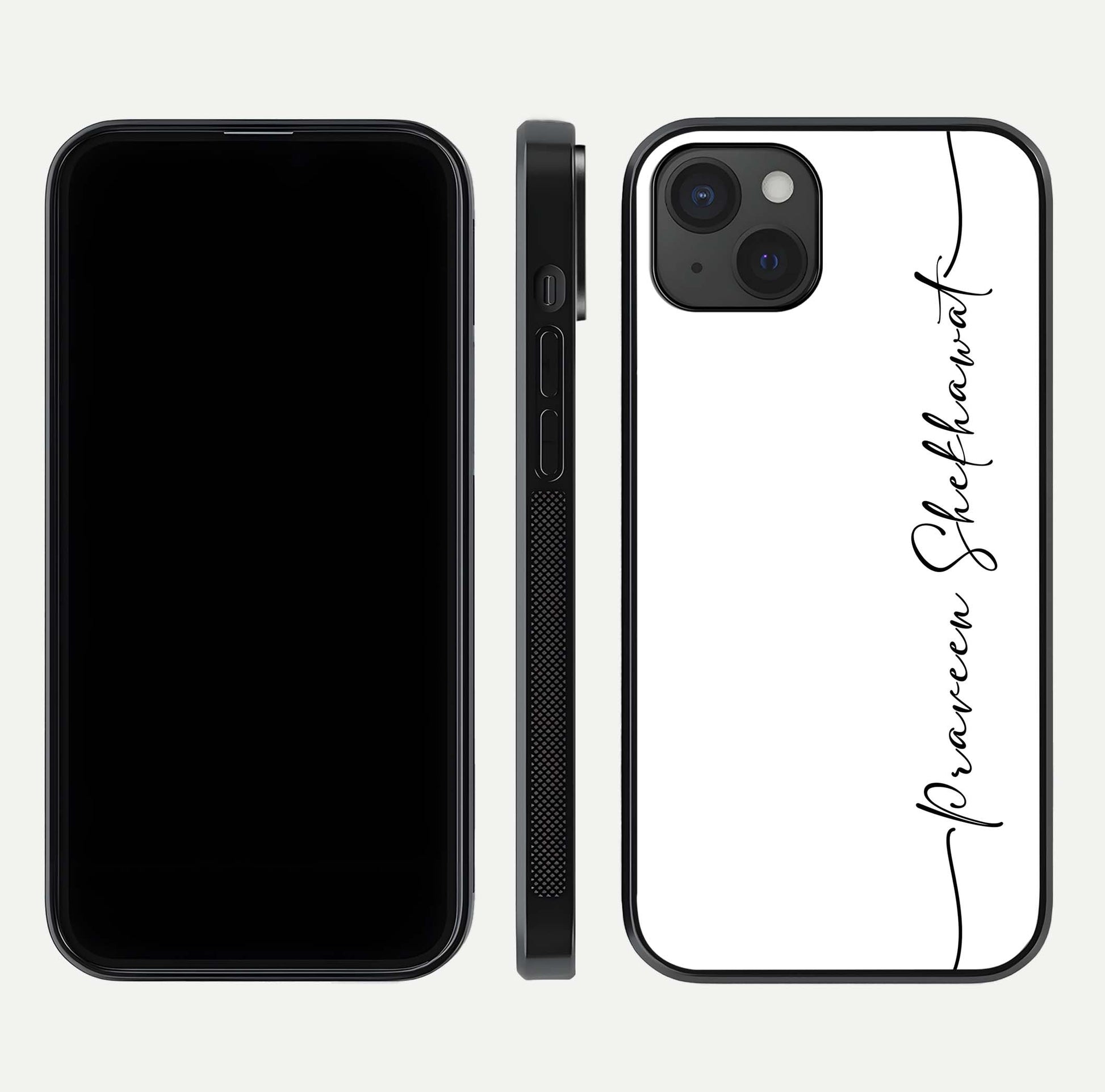 White Tune Custom Name Glass Case for iPhone 15 Plus front & back layout showing clean design and text placement