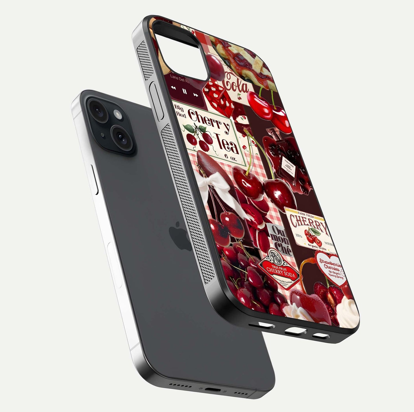 Aesthetic Cherry Tea Glass Case for iPhone 15 Plus floating dual-view mockup showing edge design and detailed cherry pattern gloss texture