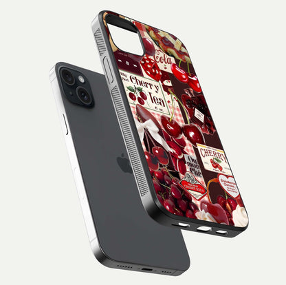 Aesthetic Cherry Tea Glass Case for iPhone 15 Plus floating dual-view mockup showing edge design and detailed cherry pattern gloss texture