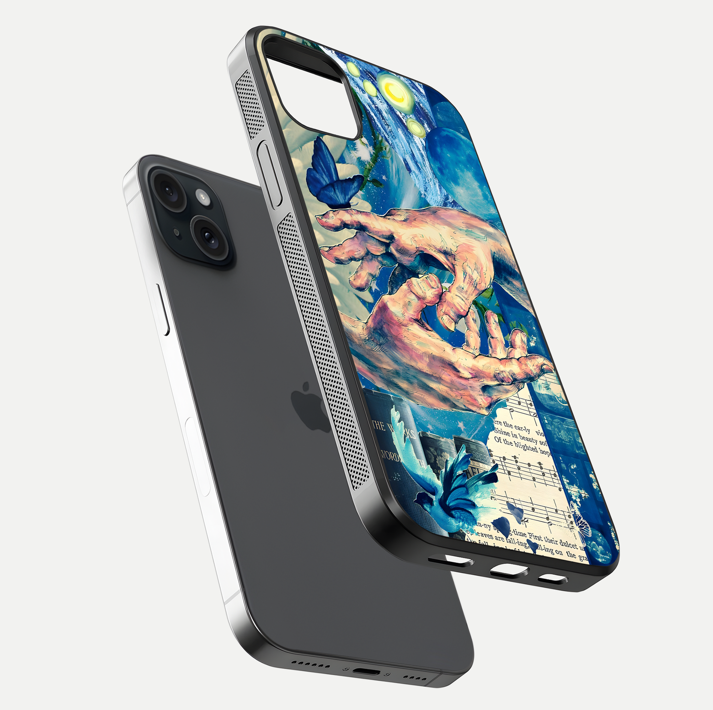 Aesthetic Divider Glass Case for iPhone 15 Plus floating dual-view mockup showing edge design and detailed divider gloss texture