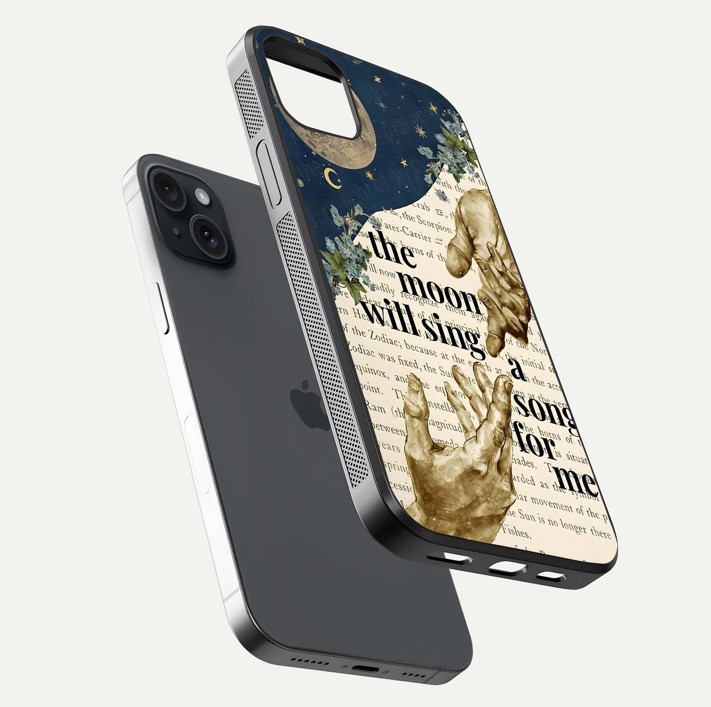 Aesthetic Divine Glass Case for iPhone 15 Plus floating dual-view mockup showing edge design and divine art gloss texture