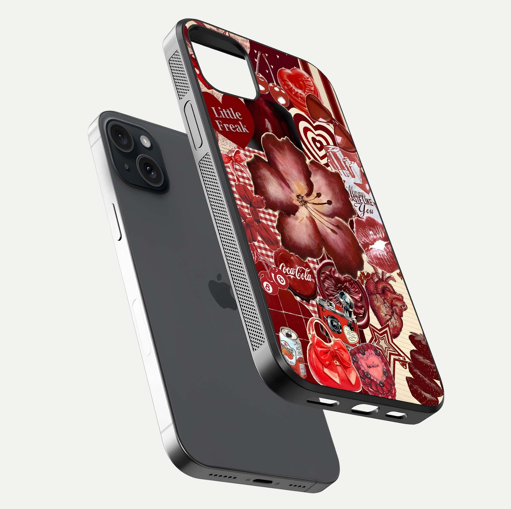 Aesthetic Little Freak Glass Case for iPhone 15 Plus floating dual-view mockup showing edge design and detailed collage gloss texture