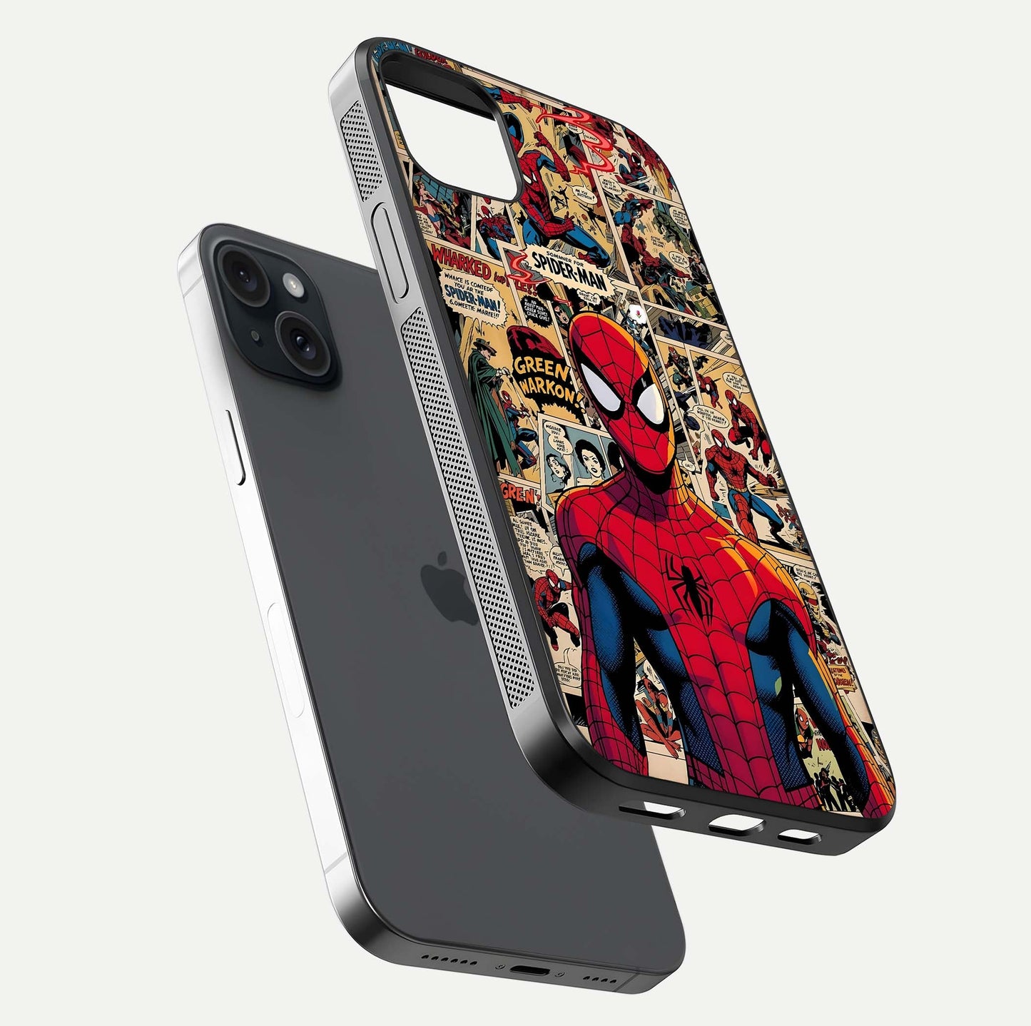 Aesthetic Spider Man Glass Case for iPhone 15 Plus floating dual-view mockup showing edge design and detailed Spider-Man gloss texture