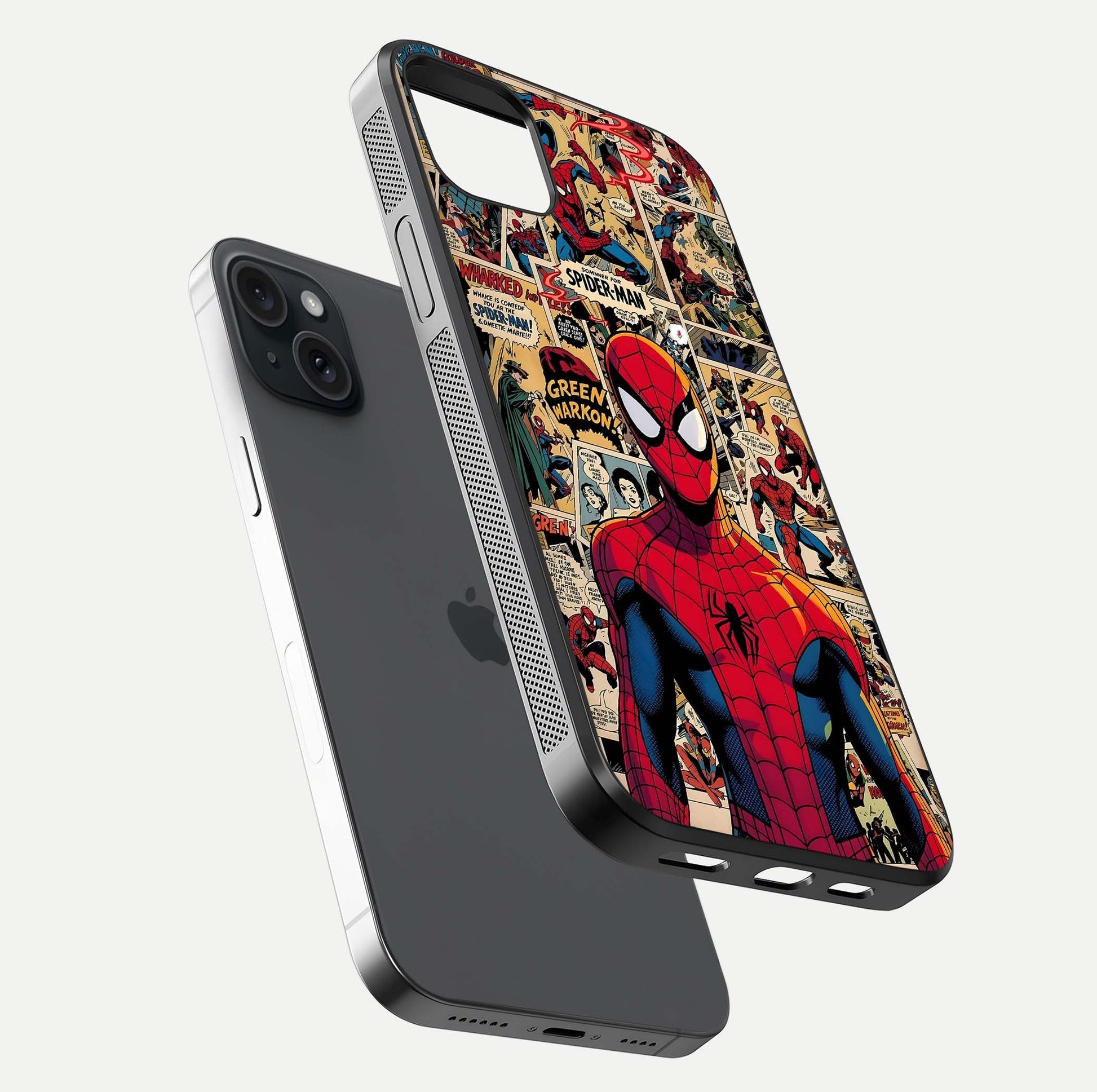 Aesthetic Spider Man Glass Case for iPhone 15 Plus floating dual-view mockup showing edge design and detailed Spider-Man gloss texture