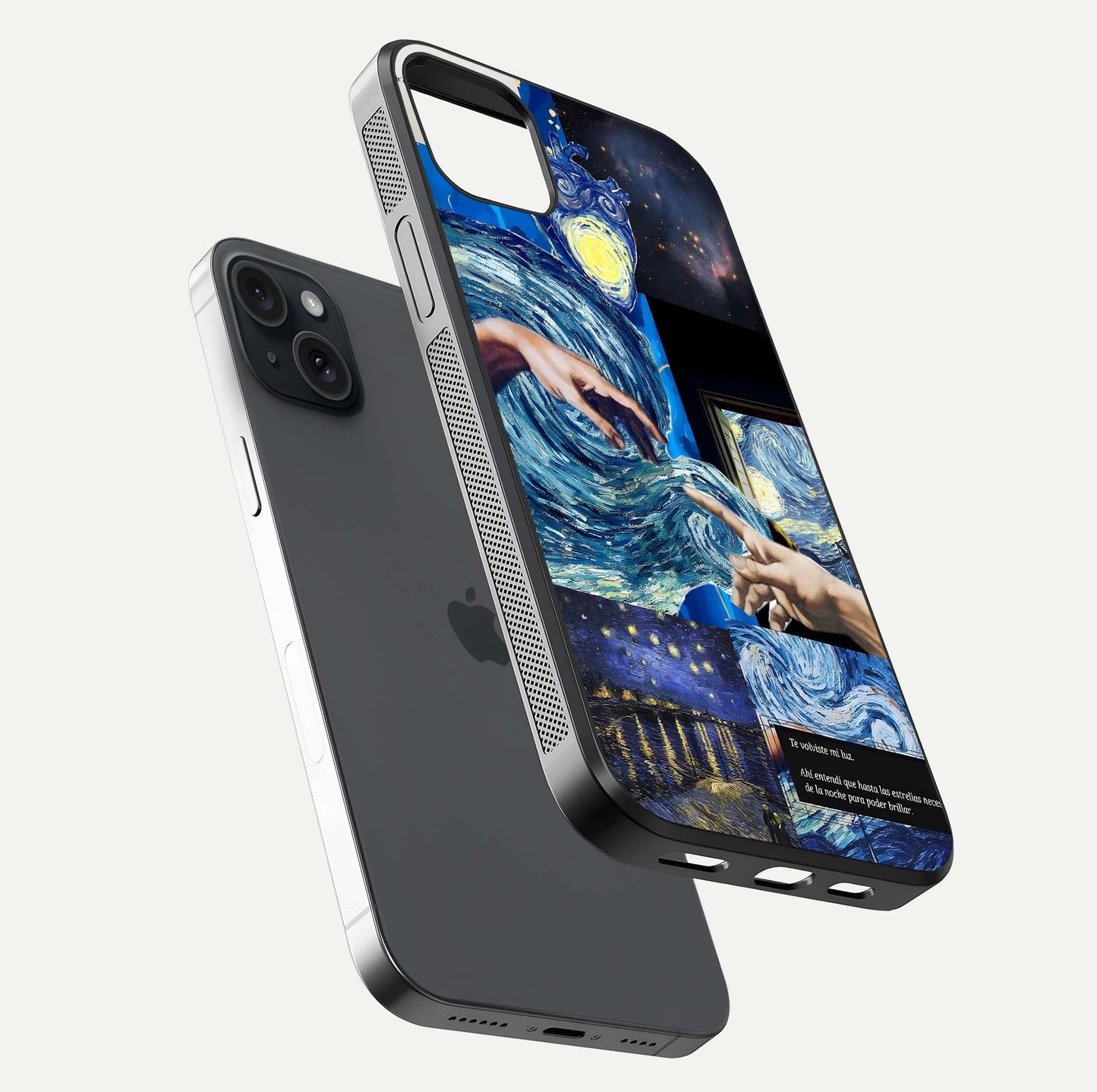 Aesthetic Vando Hands Glass Case for iPhone 15 Plus floating dual-view mockup showing slim edge profile and high-definition gloss