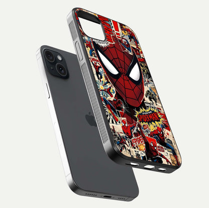 Aesthetic Wonder Spider Glass Case for iPhone 15 Plus floating mockup emphasizing superhero art and glossy reflection