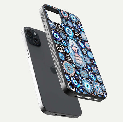 Angel Aura Shield Glass Case for iPhone 15 Plus floating angle showing light reflection and protective edge structure