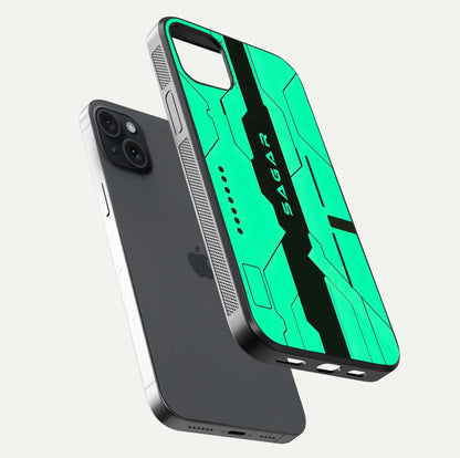 Aqua Tech CYBERPUNK Custom Name Glass Case for iPhone 15 Plus floating mockup highlighting name customization area