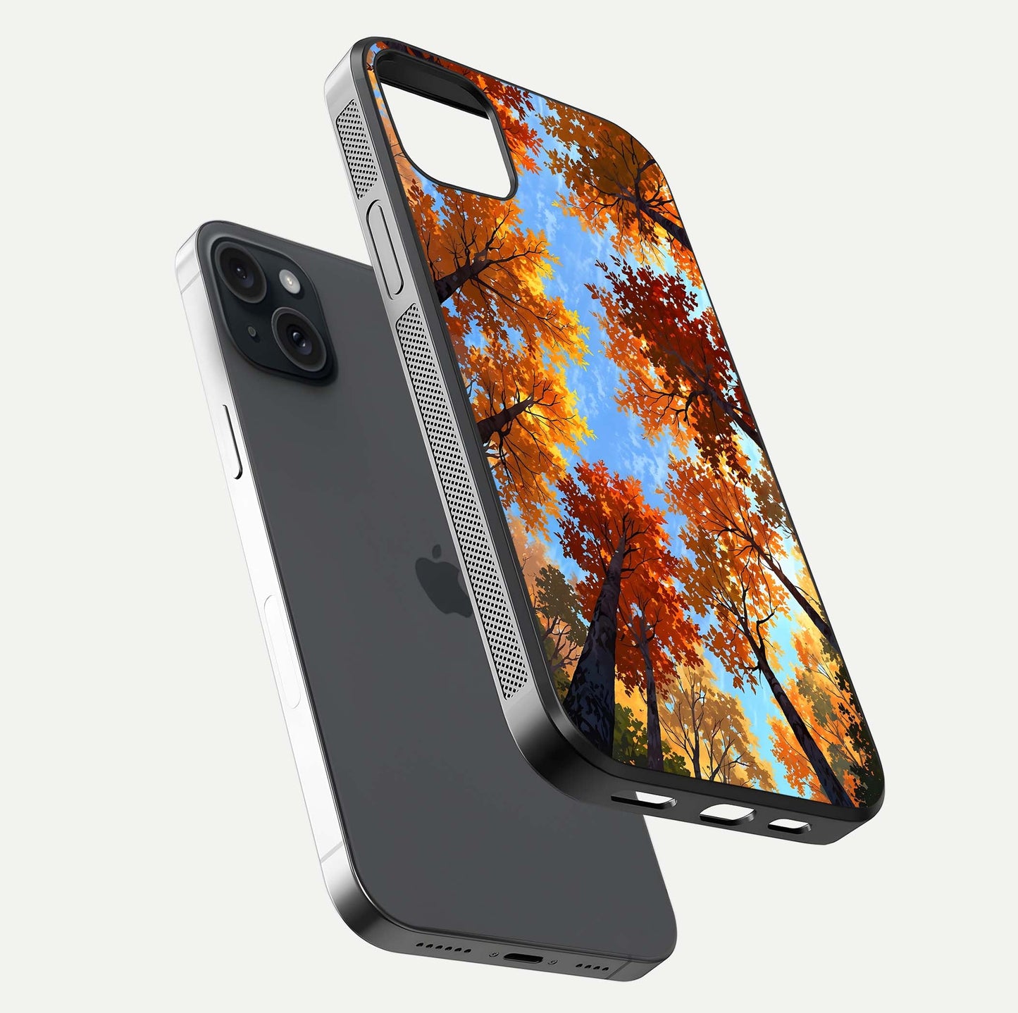 Autumn Sky Rise Glass Case for iPhone 15 Plus floating dual-view mockup with sky horizon and glossy highlights