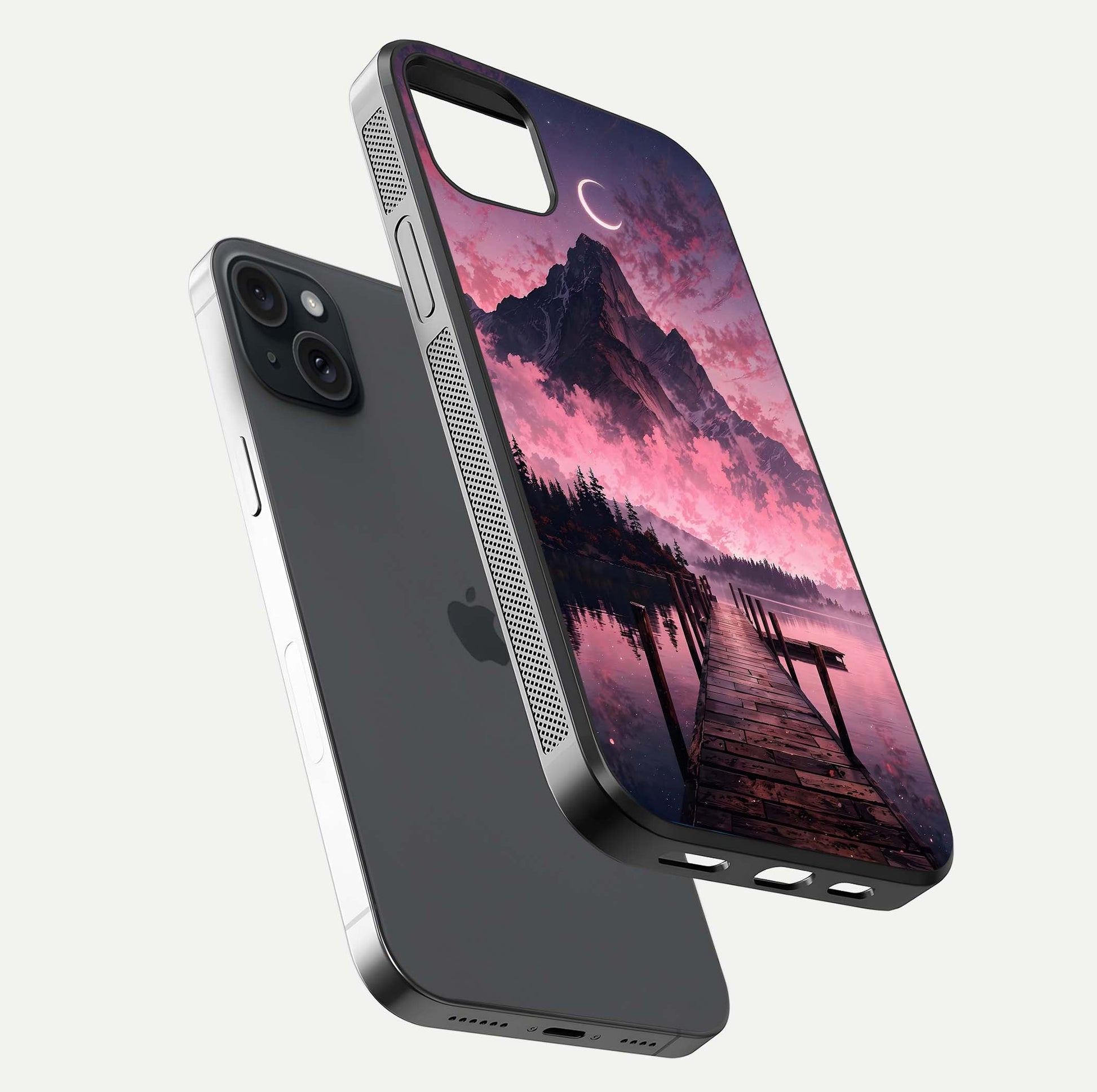 Beautyful Mountain View Glass Case for iPhone 15 Plus floating dual mockup showing edges and reflective sky print