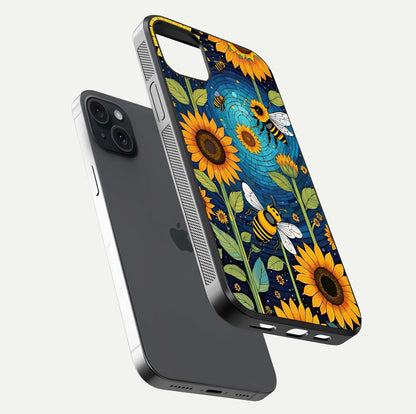 Bees & Sunflowers Glass Case for iPhone 15 Plus floating dual-view mockup displaying vibrant yellow tones and gloss texture