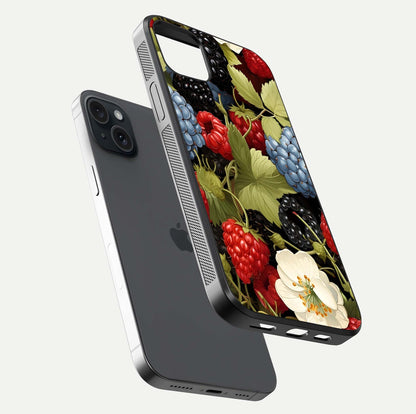 Berry Bloom Charm Glass Case for iPhone 15 Plus floating mockup capturing glossy reflection and curved-edge finish