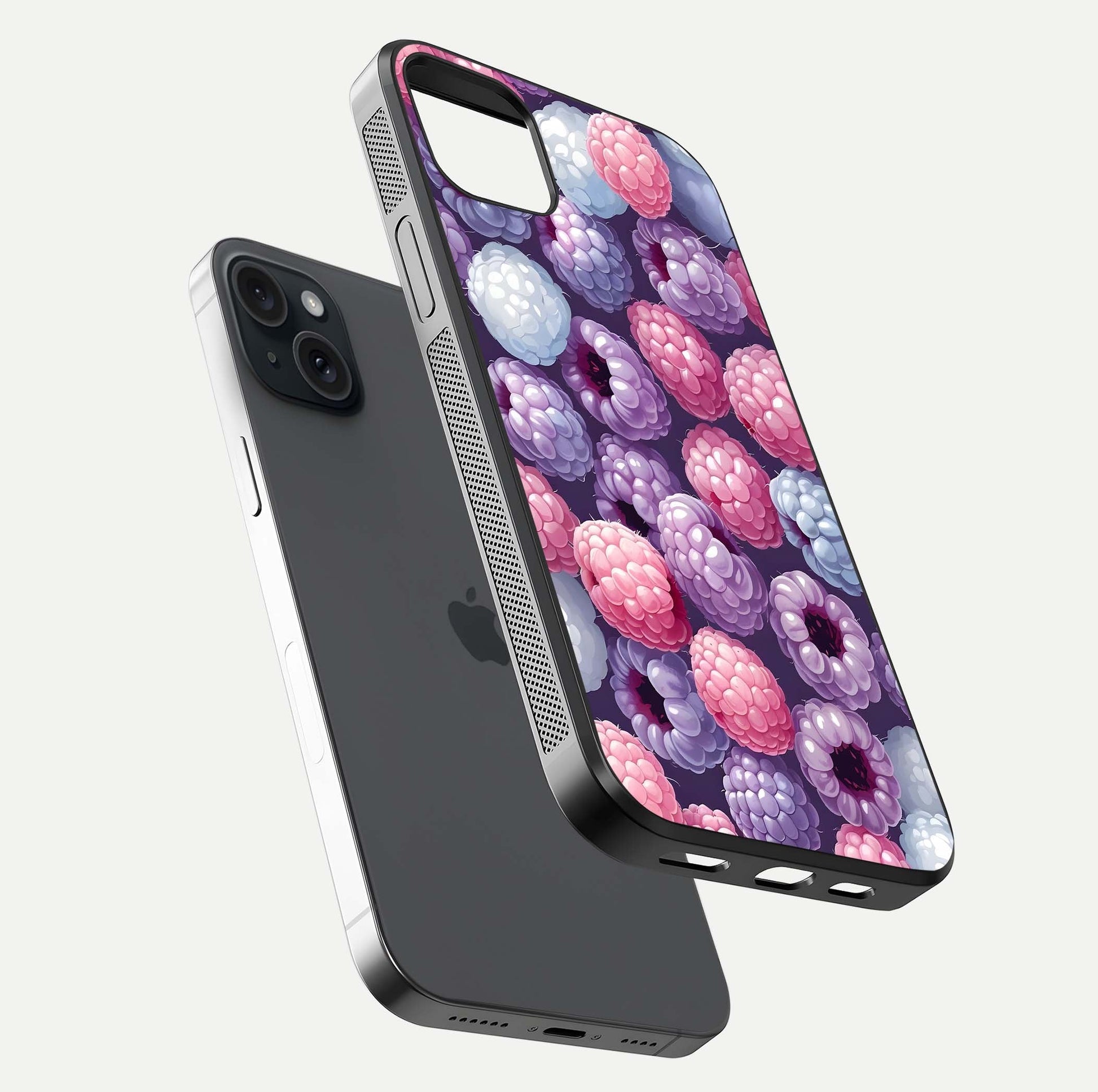 Berry Candy Pop Glass Case for iPhone 15 Plus floating dual-view mockup highlighting gloss shine and curved edges