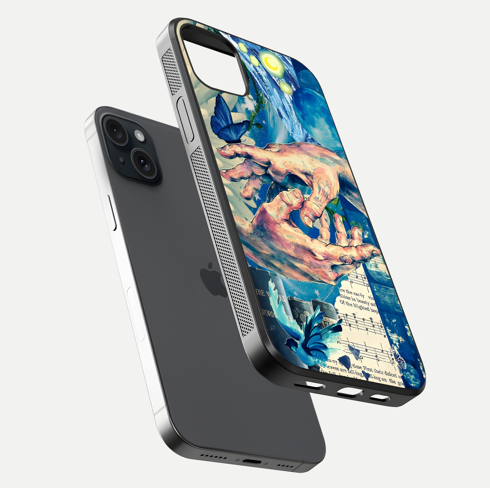 Aesthetic Divider Glass Case for iPhone 15 Plus floating dual-view mockup showing edge design and detailed divider gloss texture